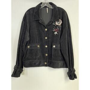 XCVI Women Corduroy Jacket Sz XL Wide Whale Embroidered Black Boho Cottagecore